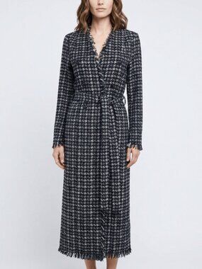 L'Agence Zuri Black White Tweed Fringe Duster Coat Size 2 Belted NWT
